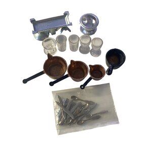 VTG Doll House Miniature Pot Pan flatware Fork Knife Spoon Glasses food Scale